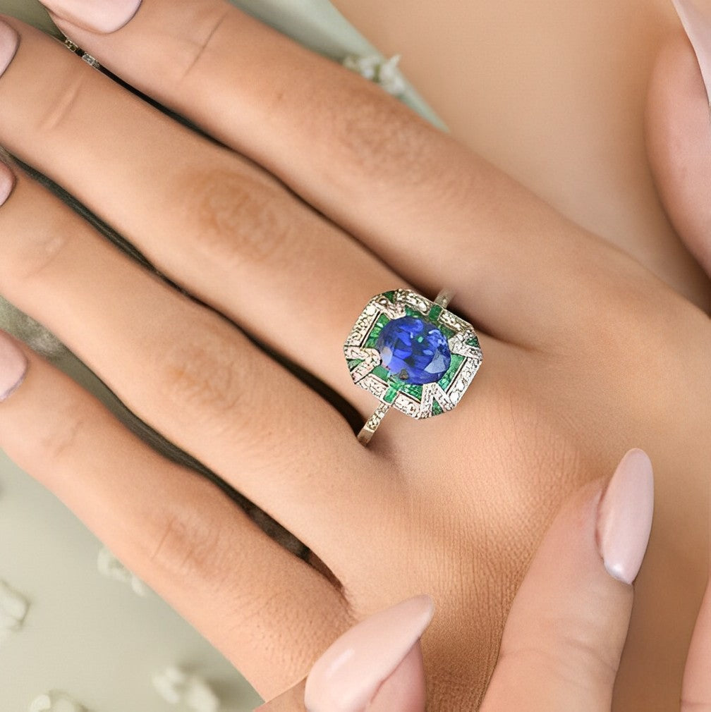 Preowned Edwardian Platinum Sapphire Emerald Diamond Ring
