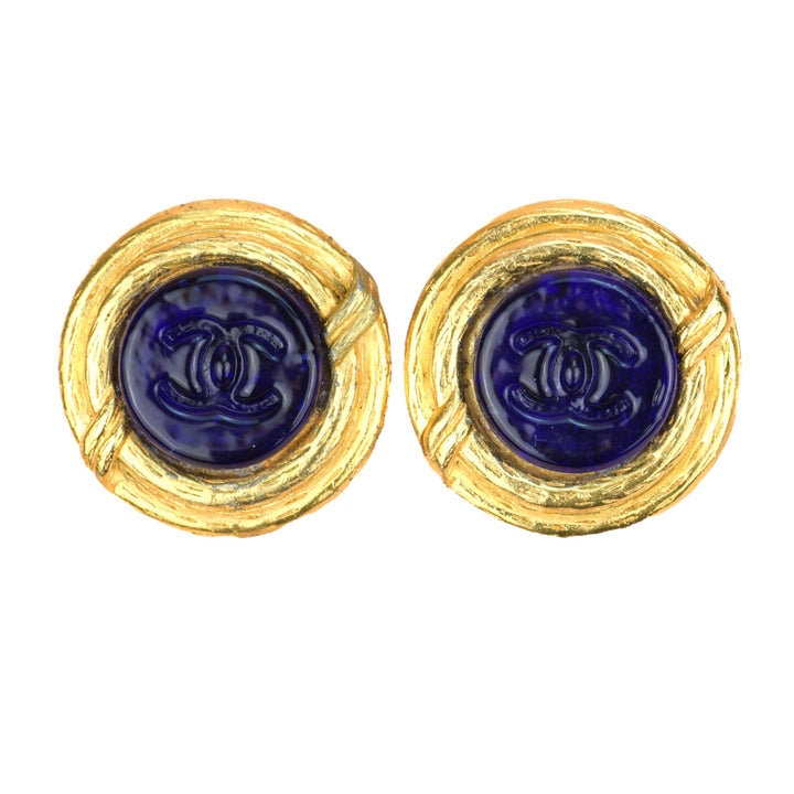 Preloved Chanel Vintage Blue Gripoix CC Button Motif Clip-on Earrings