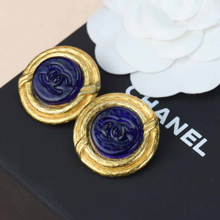 Preowned Chanel Vintage Blue Gripoix CC Button Motif Clip-on Earrings