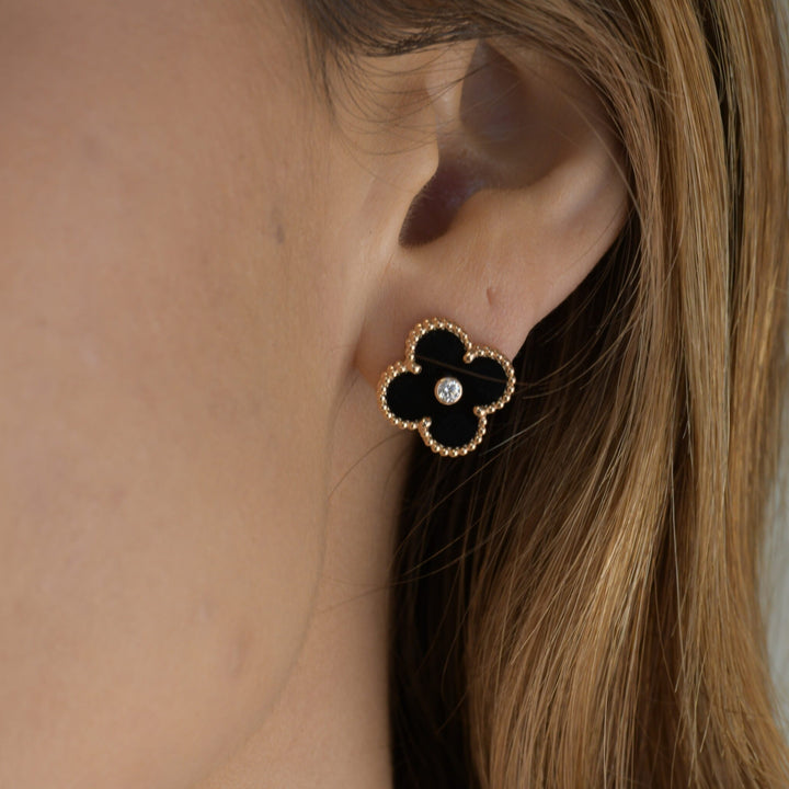 Van Cleef & Arpels Vintage Alhambra Limited Edition Onyx Diamond Gold Earrings modelling photo