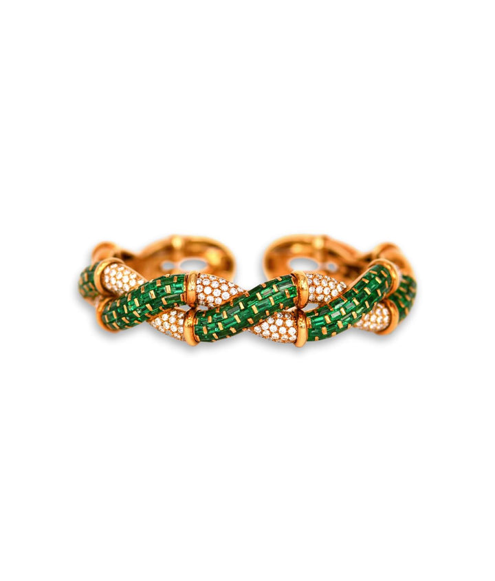 Boucheron Emerald Diamond Gold Bangle Bracelet With Box