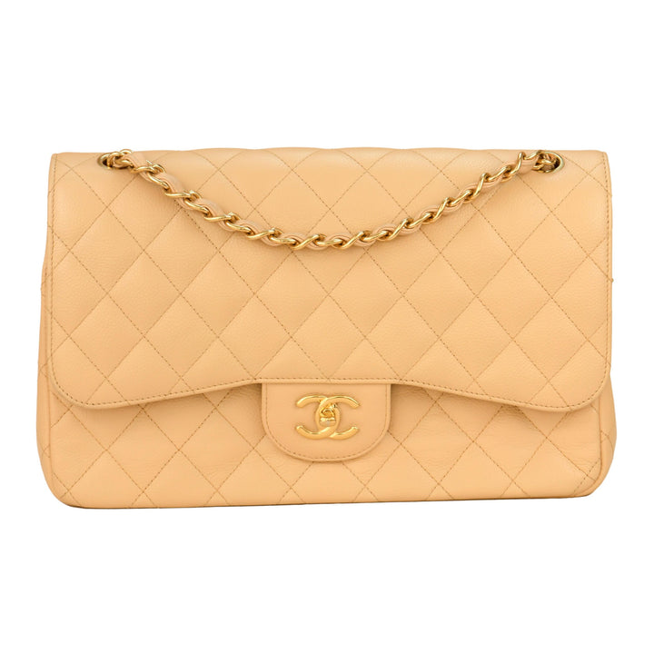 Chanel Beige Calfskin Leather Jumbo Classic Double Flap Bag