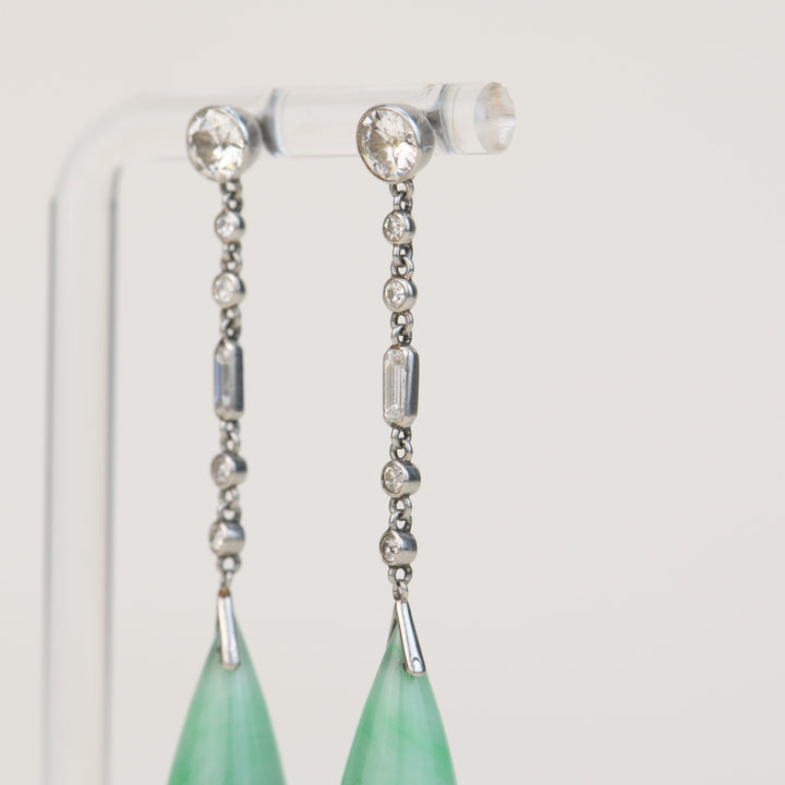 Art Deco Natural Jade Jadeite Diamond Platinum Drop Earrings side photo