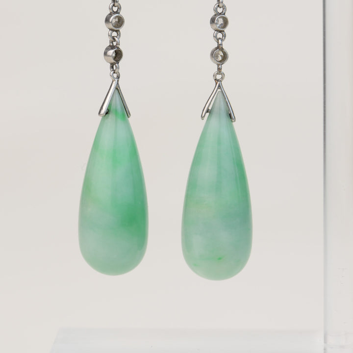 Art Deco Natural Jade Jadeite Diamond Platinum Drop Earrings detail photo