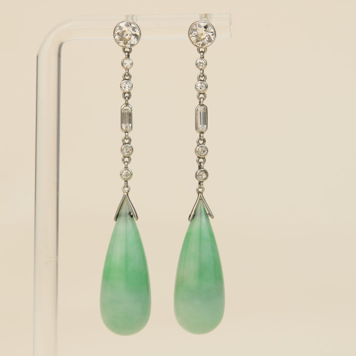 Art Deco Natural Jade Jadeite Diamond Platinum Drop Earrings