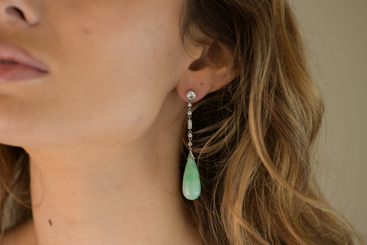 Art Deco Natural Jade Jadeite Diamond Platinum Drop Earrings
