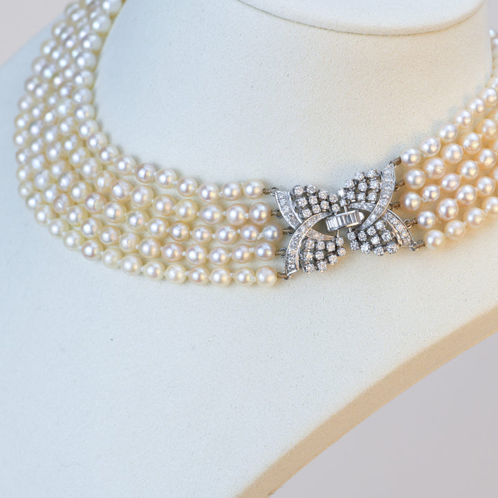 Cultured Pearls Diamond 18K White Gold Multi-String Necklace