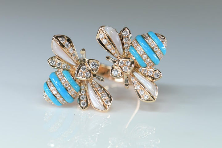 Turquoise Diamond 18 Karat Rose Gold Bee Ring