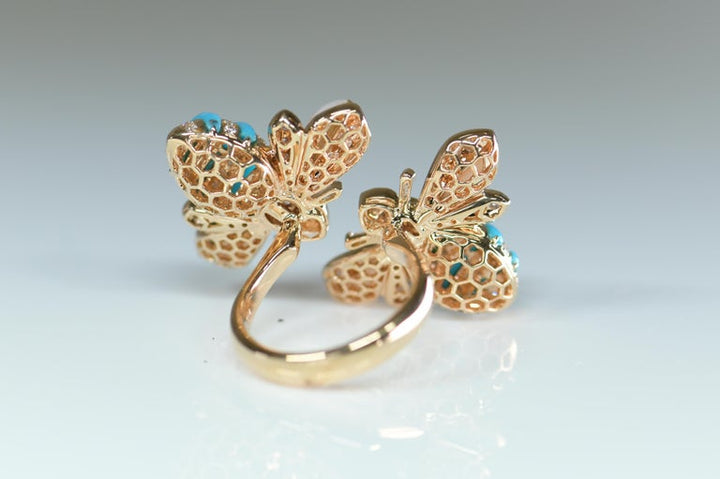 Turquoise Diamond 18 Karat Rose Gold Bee Ring