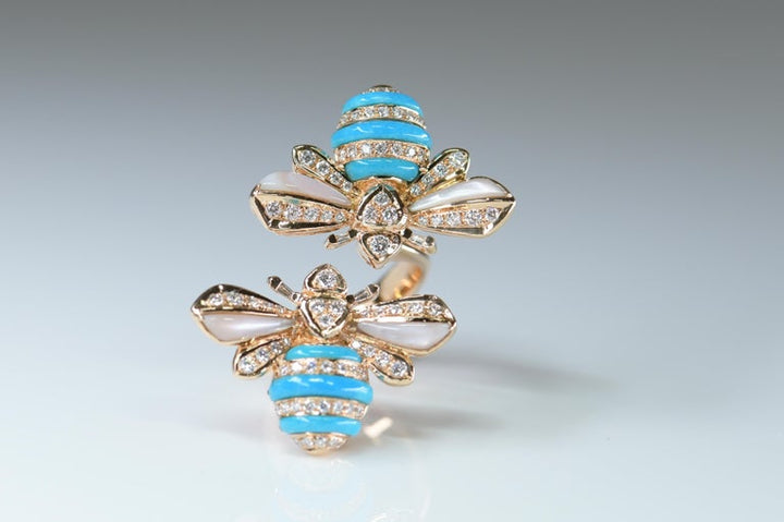 Turquoise Diamond 18 Karat Rose Gold Bee Ring