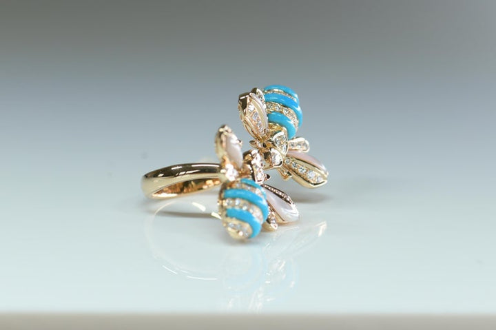 Turquoise Diamond 18 Karat Rose Gold Bee Ring