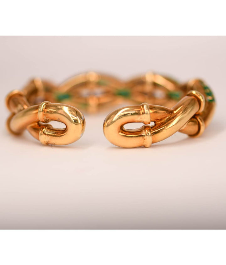 Boucheron Emerald Diamond Gold Bangle Bracelet With Box