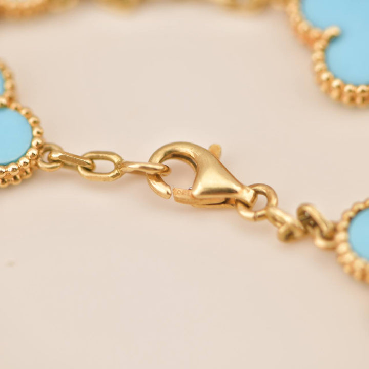 Preloved Van Cleef 5 Motif Turquoise Alhambra 18K Yellow Gold Bracelet