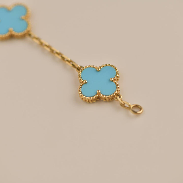 Second Hand VCA 5 Motif Turquoise Alhambra 18K Yellow Gold Bracelet