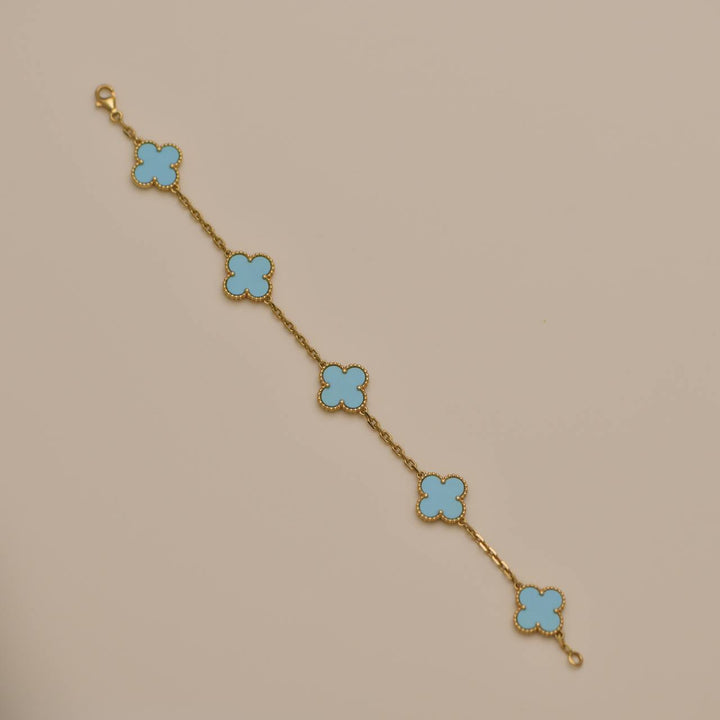 Preloved Hand VCA 5 Motif Turquoise Alhambra 18K Yellow Gold Bracelet