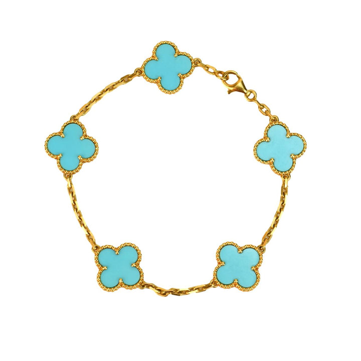 Preloved Van Cleef & Arpels 5 Motif Turquoise Alhambra 18K Yellow Gold Bracelet