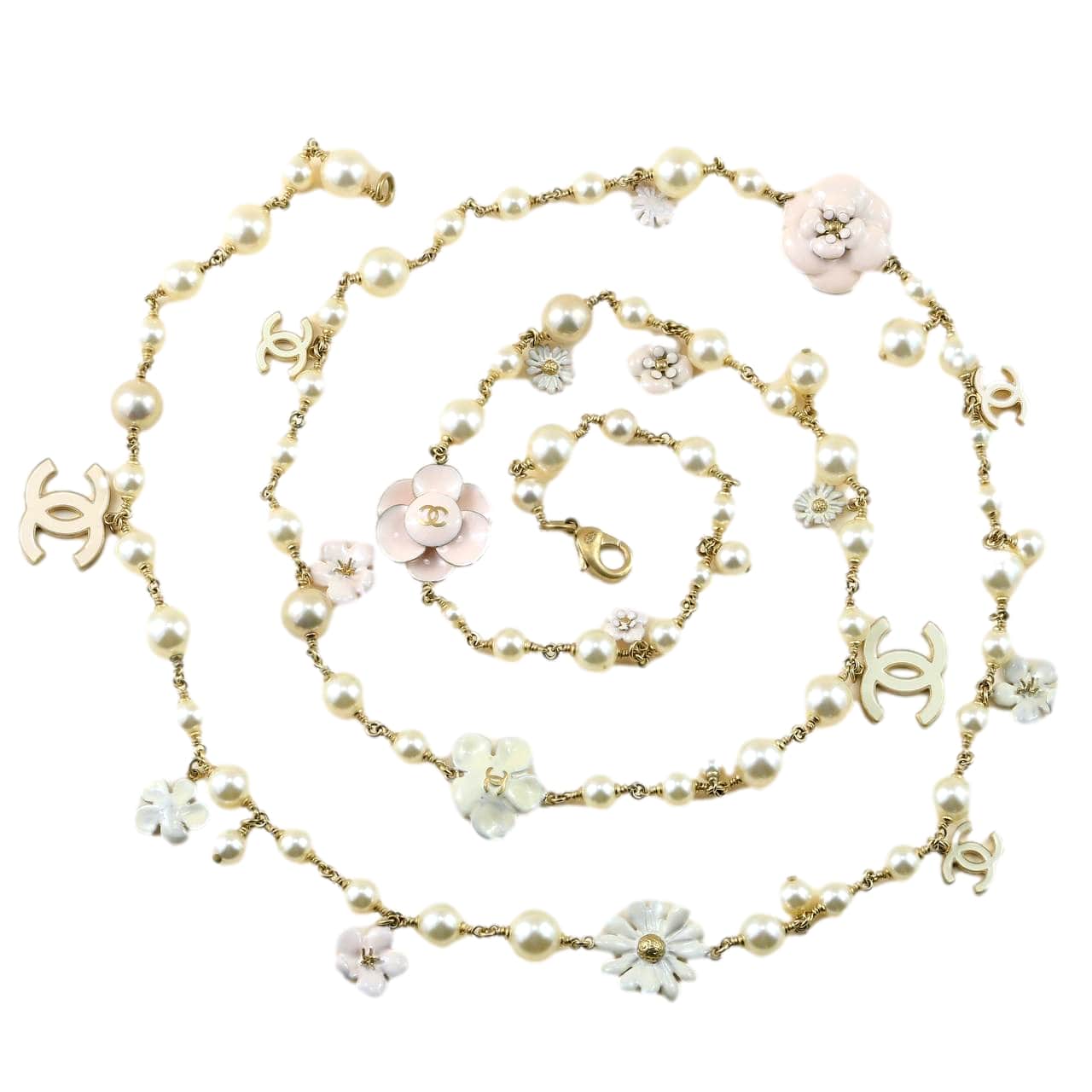 CHANEL CC Enamel Camellia Flower Long Necklace Dandelion Antiques
