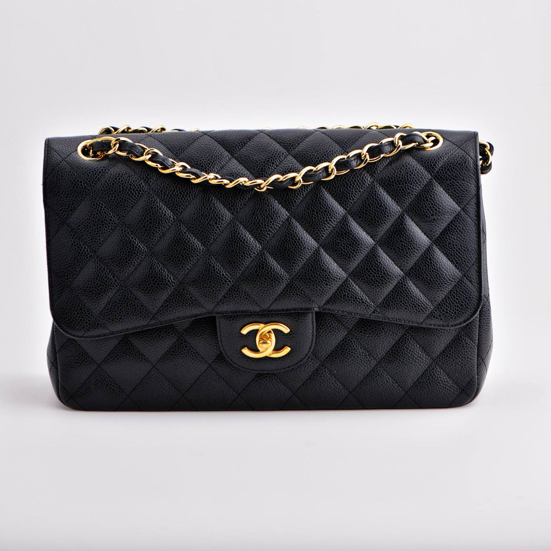 Second Hand Chanel Jumbo Black Calfskin Caviar Double Flap Handbag