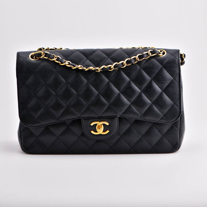 Second Hand Chanel Jumbo Black Calfskin Caviar Double Flap Handbag