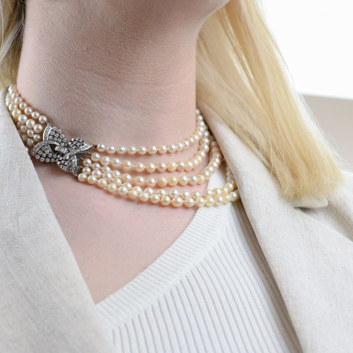 Cultured Pearls Diamond 18K White Gold Multi-String Necklace