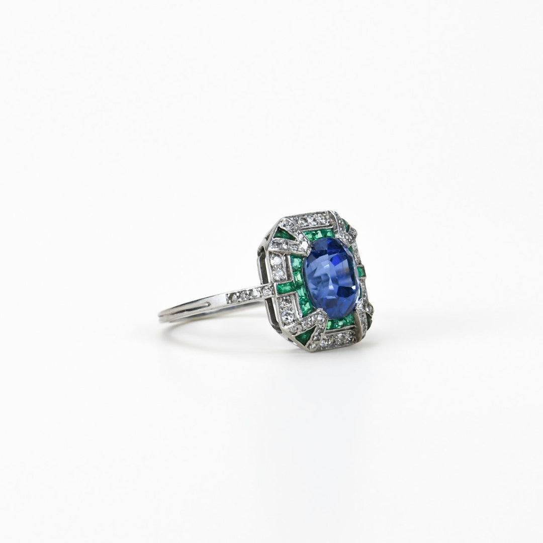 Preowned Edwardian Platinum Sapphire Emerald Diamond Engagement Ring