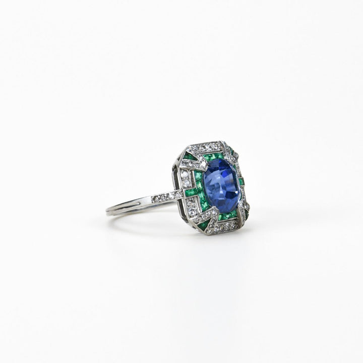 Preowned Edwardian Platinum Sapphire Emerald Diamond Engagement Ring