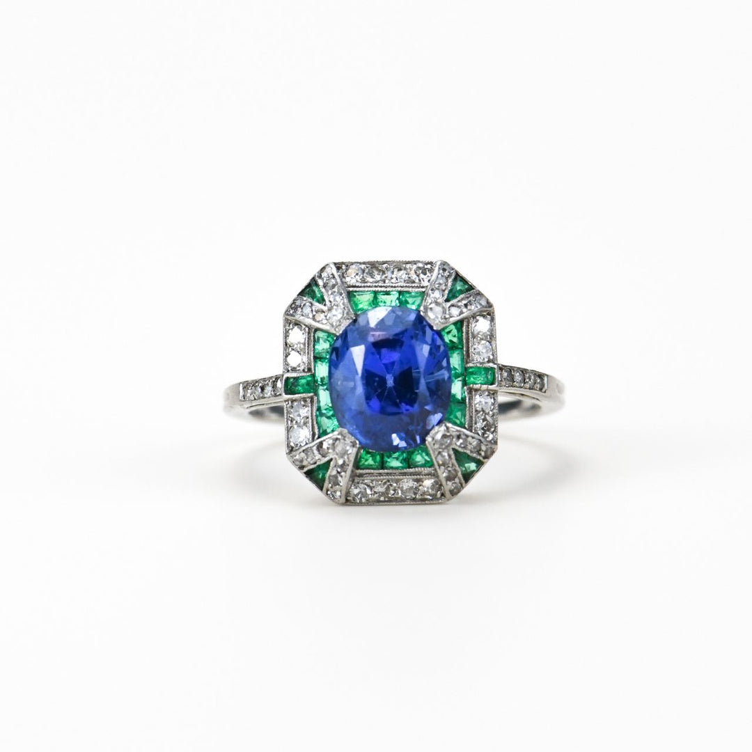 Preowned Edwardian Platinum 3.7 Carat Sapphire Emerald Diamond Ring