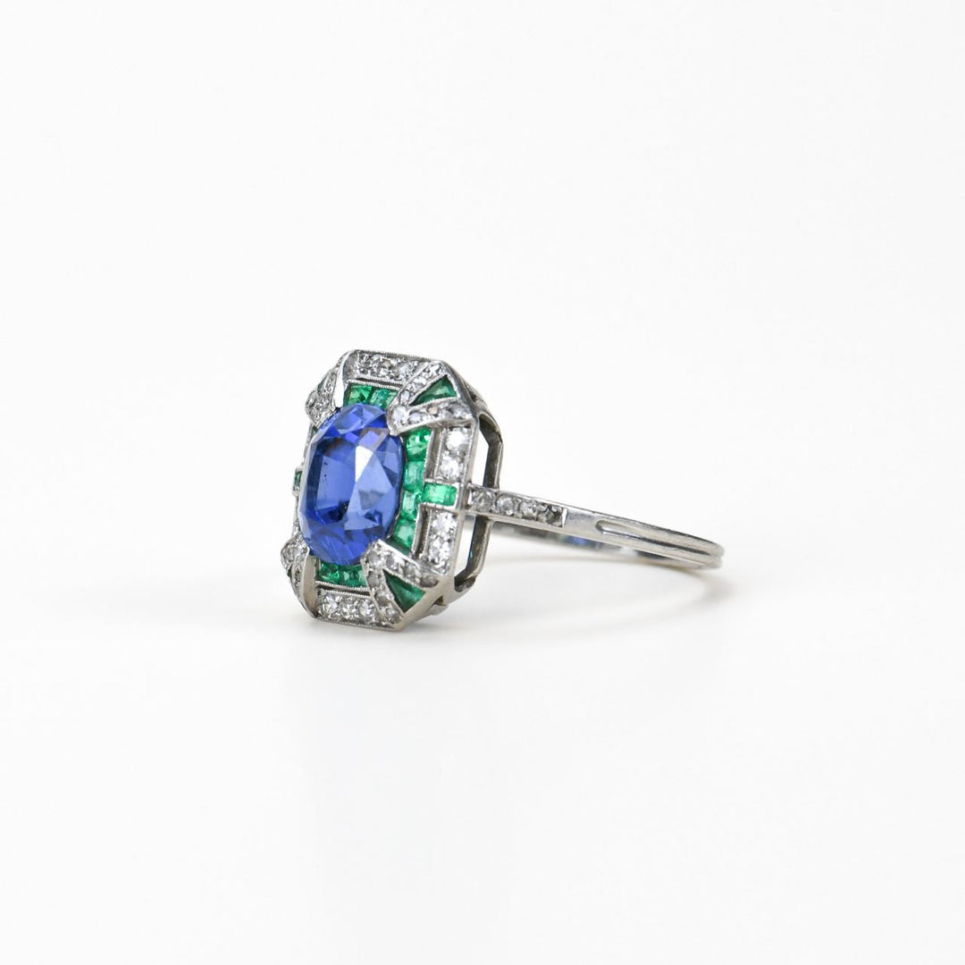 Preloved Edwardian Platinum 3.7 Carat Sapphire Emerald Diamond Ring