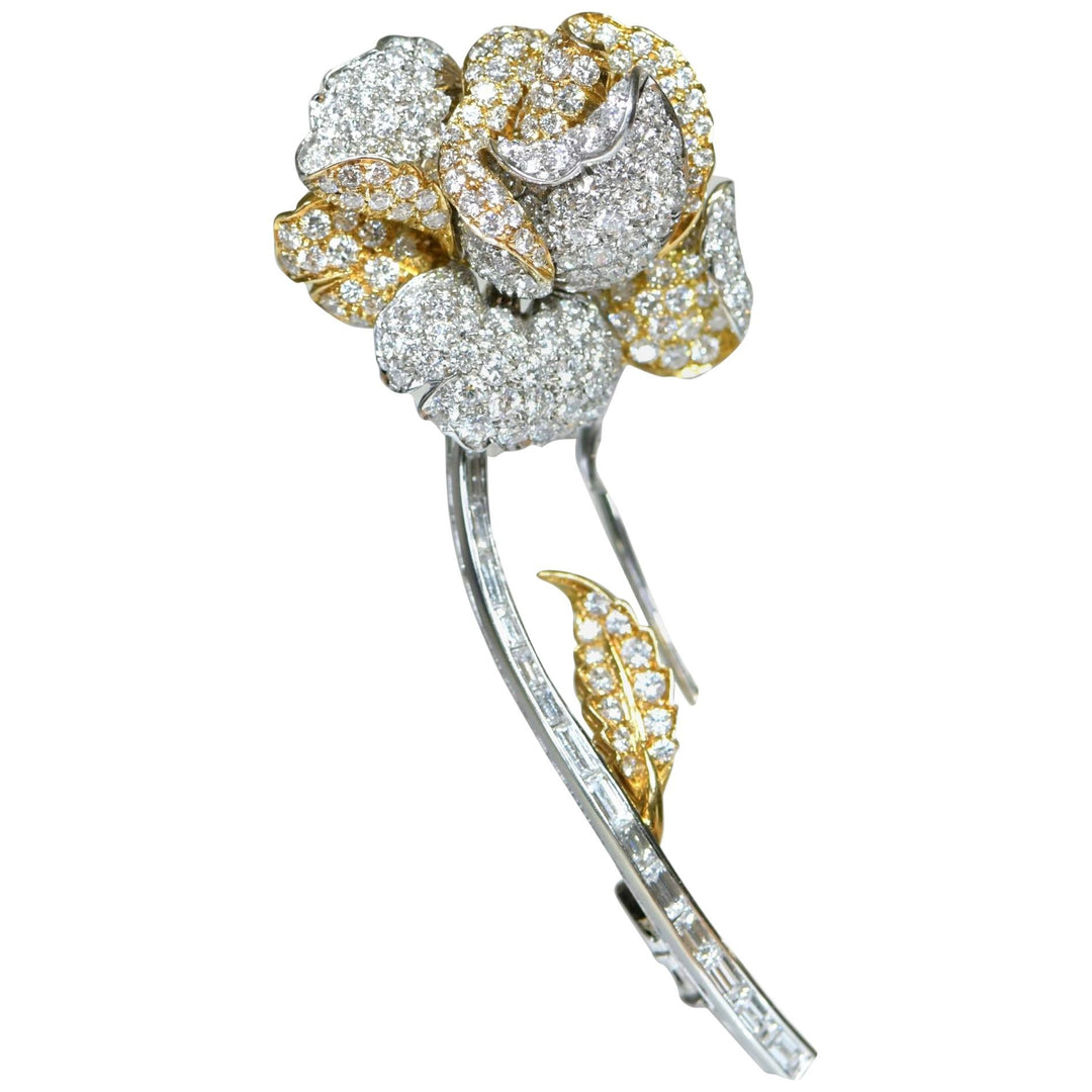 18K Gold Diamond Rose Flower Brooch