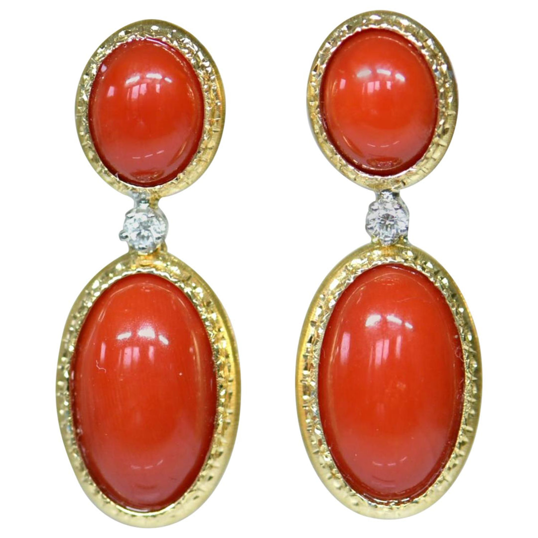 18 Karat Gold Natural Red Coral and Diamond Dangle Earrings