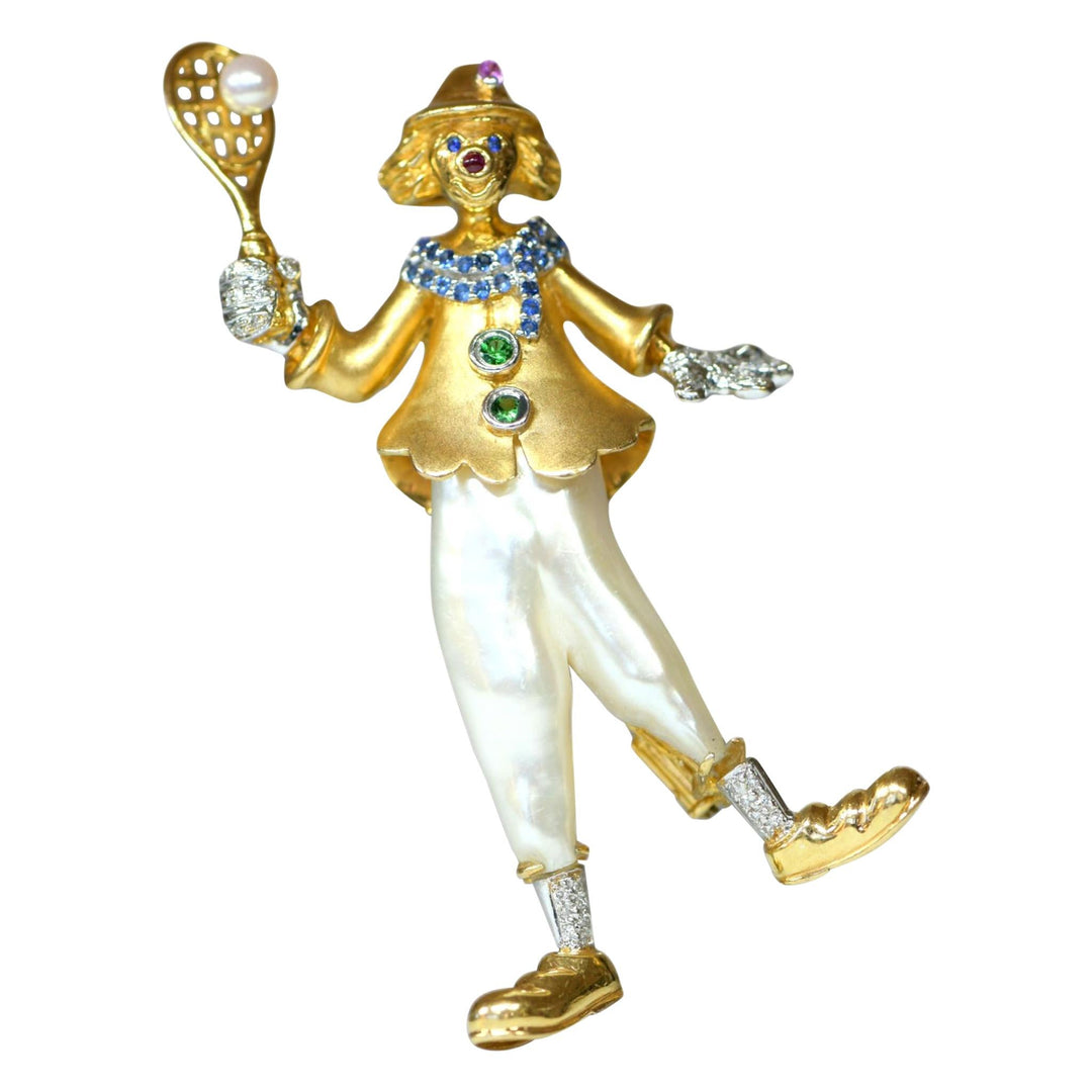 18 Karat Gold Pearl Diamond Multi-Gemstone Clown Brooch and Pendant