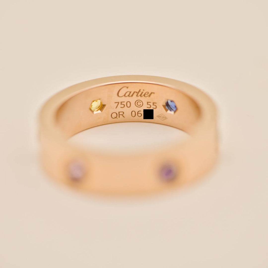 Cartier Love Rainbow Multi Gem 18K Rose Gold Ring Size 55