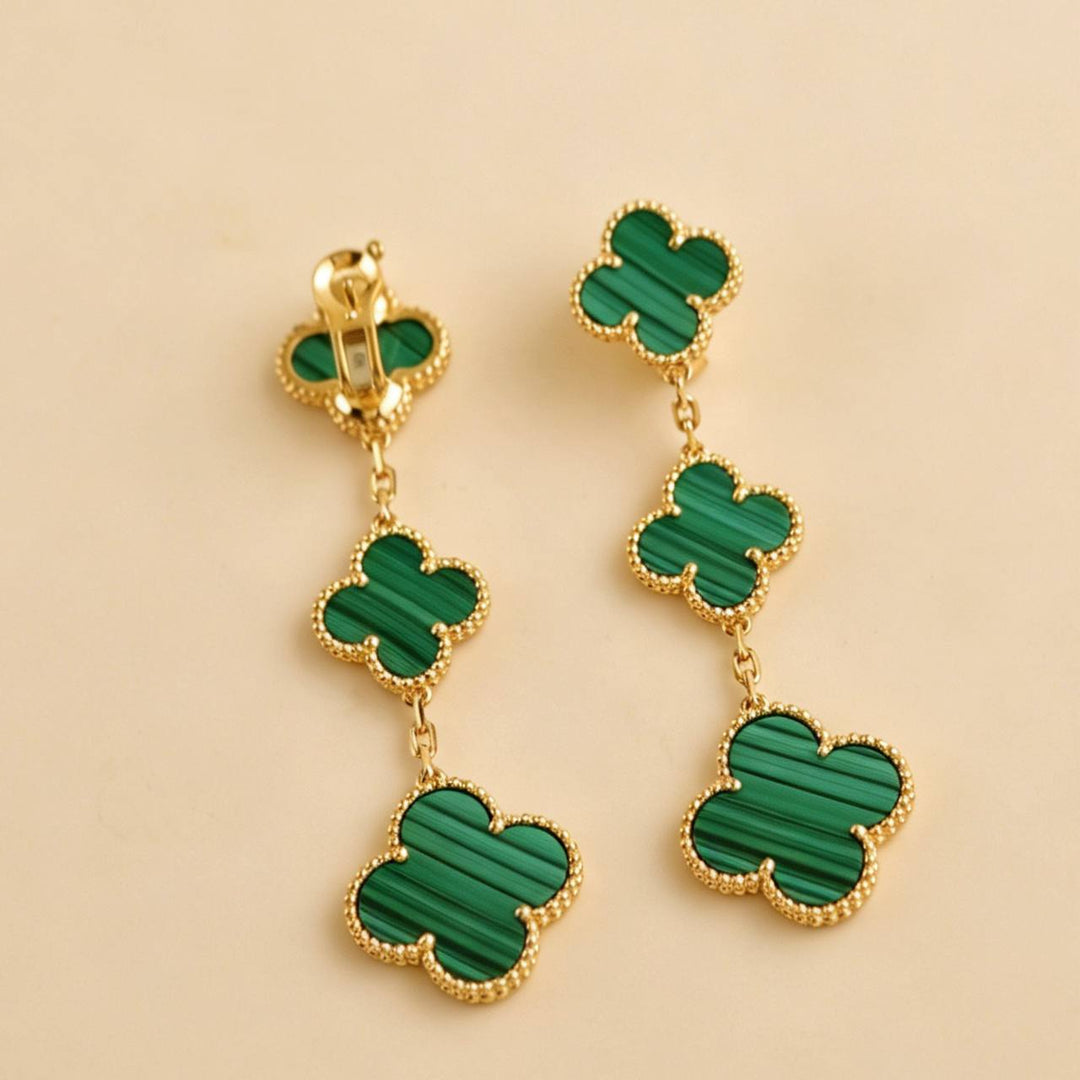 Preloved Authentic VCA Magic Alhambra Malachite 3 Motifs Earrings