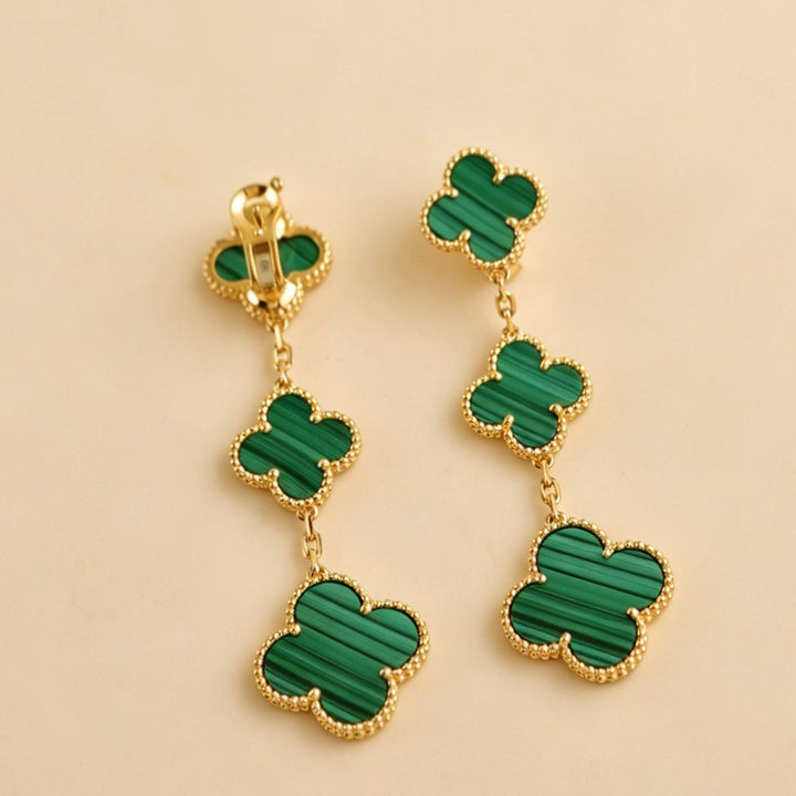 Preloved Authentic VCA Magic Alhambra Malachite 3 Motifs Earrings