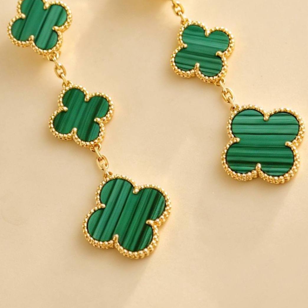 Preowned Authentic VCA Magic Alhambra Malachite 3 Motifs Earrings