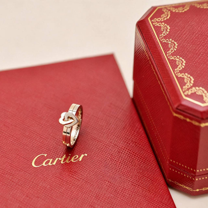 Preowned Authentic Full set Cartier Double Heart Ring 18K White Rose Gold Size 52
