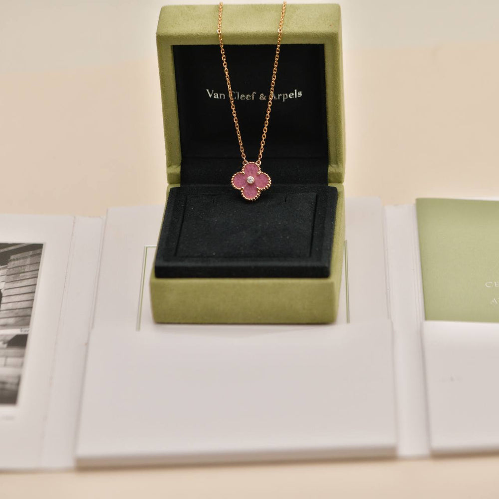 Preowned Authentic Van Cleef & Arpels Alhambra 2021 Holiday Pendant Rhodonite Diamond 18K Rose Gold