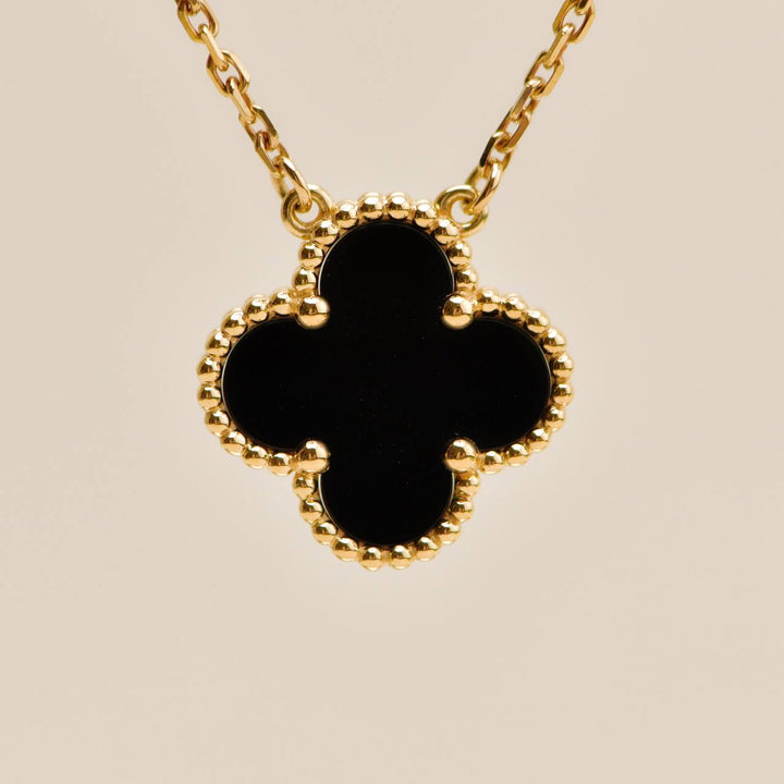 Authentic Used Van Cleef Vintage Alhambra Pendant Necklace Onyx 18K Yellow Gold