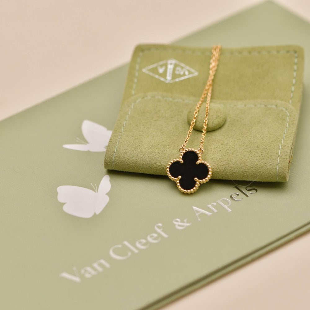 Preowned Authentic Van Cleef & Arpels Vintage Alhambra Onyx 18K Yellow Gold Pendant Necklace