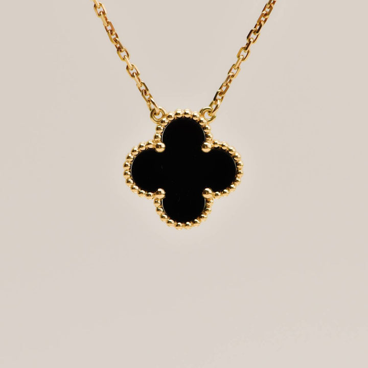 Second Hand Authentic Van Cleef Vintage Alhambra Onyx 18K Yellow Gold Pendant Necklace
