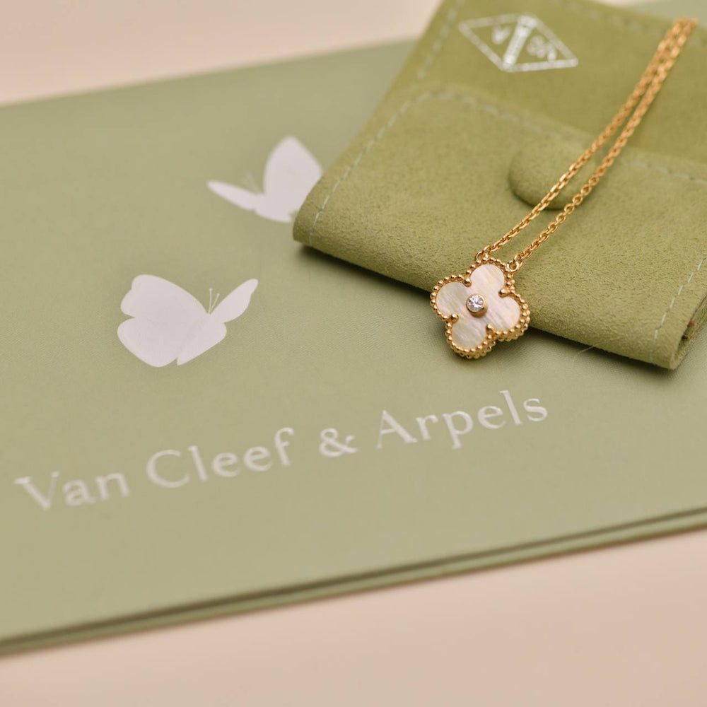 Preowned Authentic Van Cleef & Arpels 2018 Holiday Pendant Golden Mother of Pearl Diamond 18K Yellow Gold