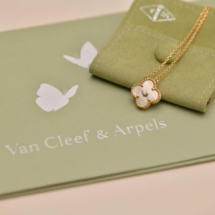 Preowned Authentic Van Cleef & Arpels 2018 Holiday Pendant Golden Mother of Pearl Diamond 18K Yellow Gold