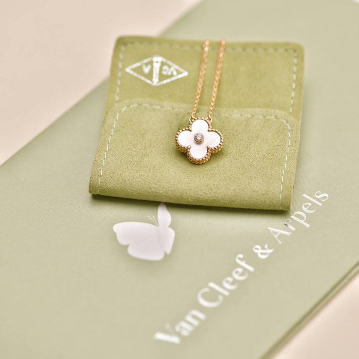 Preowned Authentic Van Cleef & Arpels Alhambra 2012 Holiday Necklace Diamond Mother of Pearl