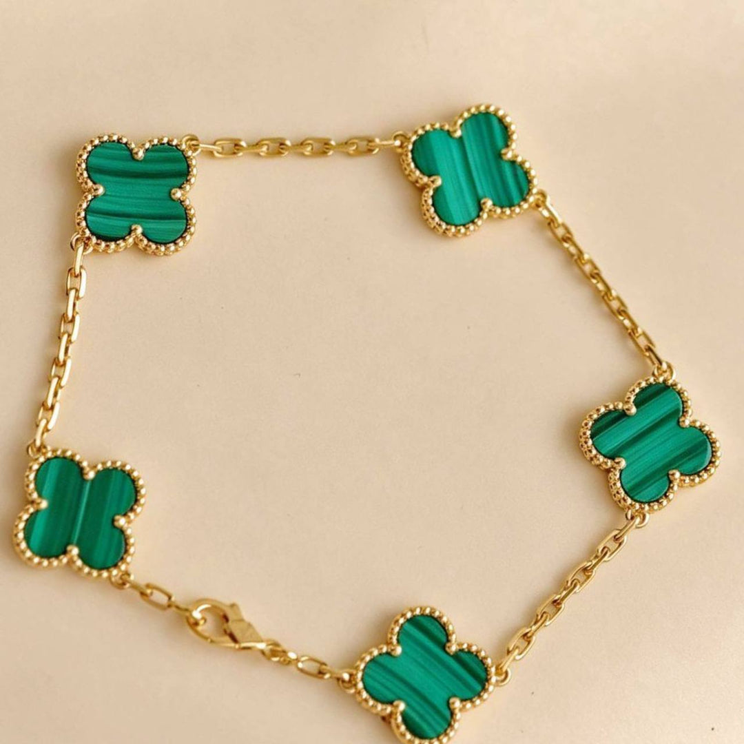 Preowned Authentic Van Cleef Vintage Alhambra 5 Motif Malachite Bracelet 18K Yellow Gold