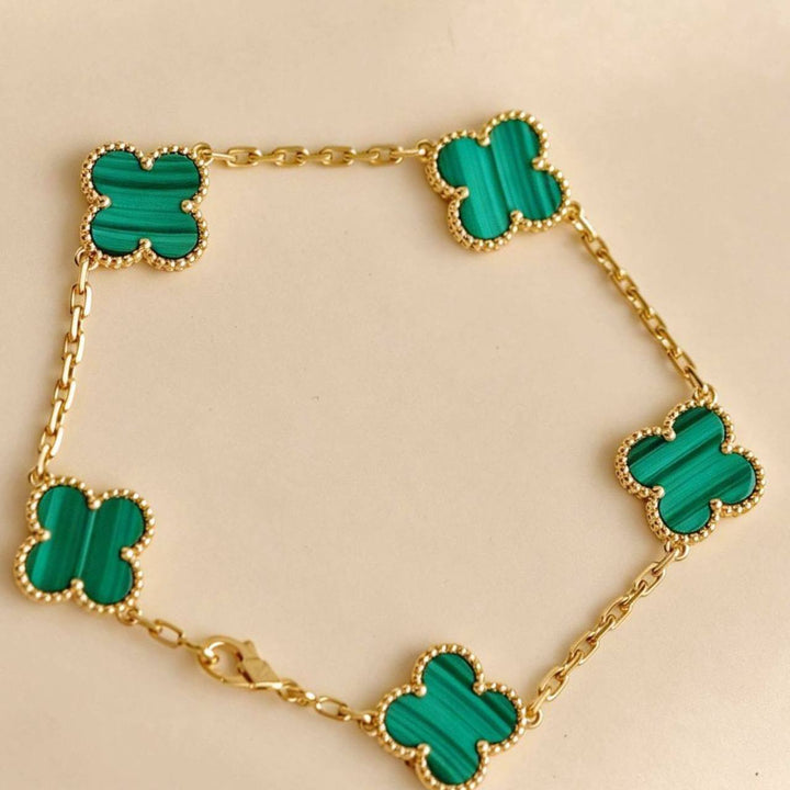 Preowned Authentic Van Cleef Vintage Alhambra 5 Motif Malachite Bracelet 18K Yellow Gold