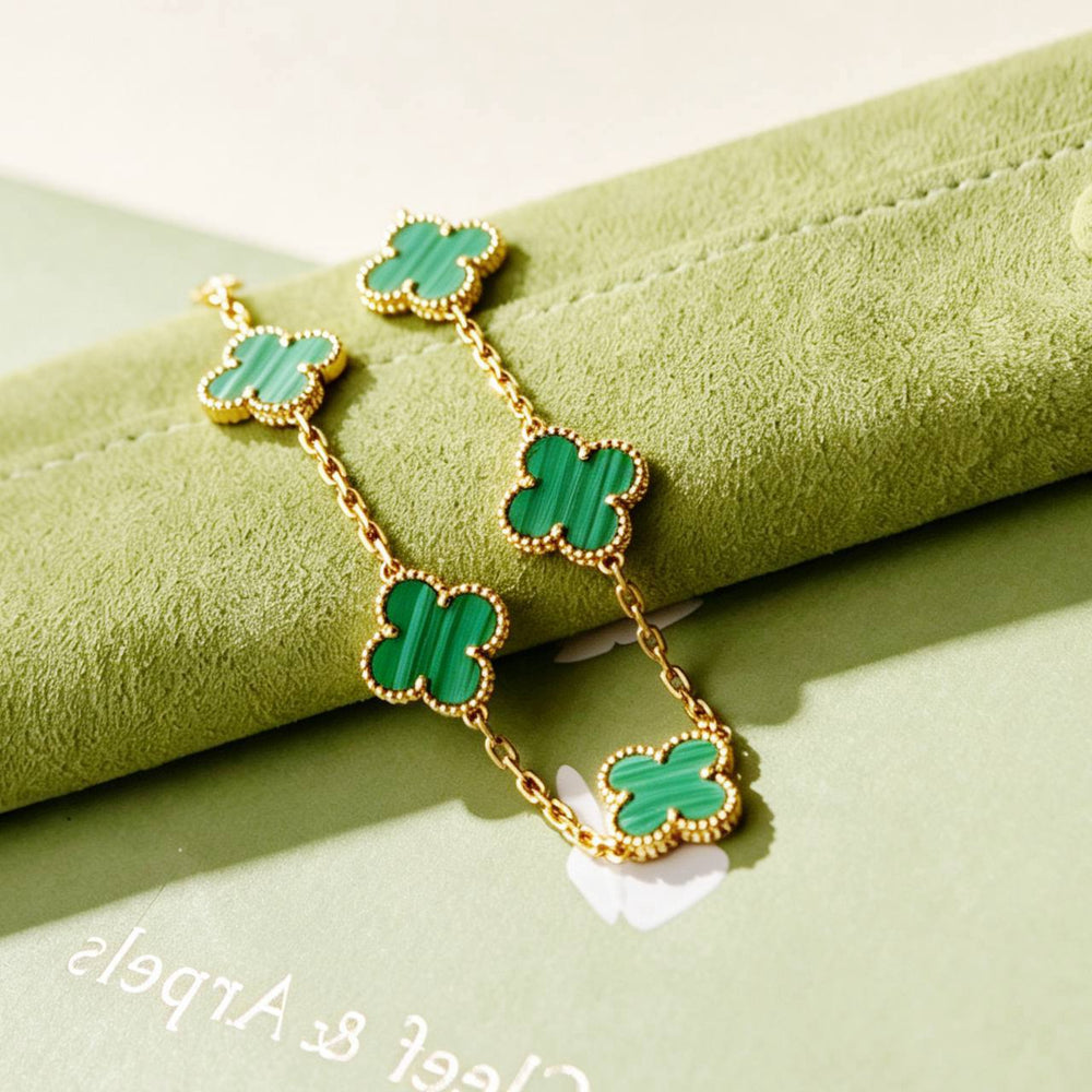 Preowned Authentic Van Cleef & Arpels Vintage Alhambra 5 Motif Malachite Bracelet 18K Yellow Gold
