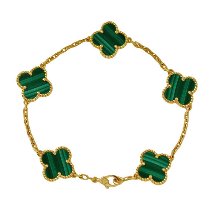 Preloved Authentic Van Cleef & Arpels Vintage Alhambra 5 Motif Malachite Bracelet 18K Yellow Gold