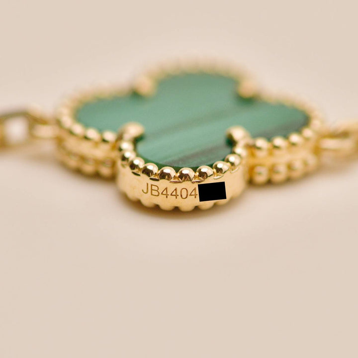 Preowned Authentic VCA Vintage Alhambra 5 Motif Malachite Bracelet 18K Yellow Gold