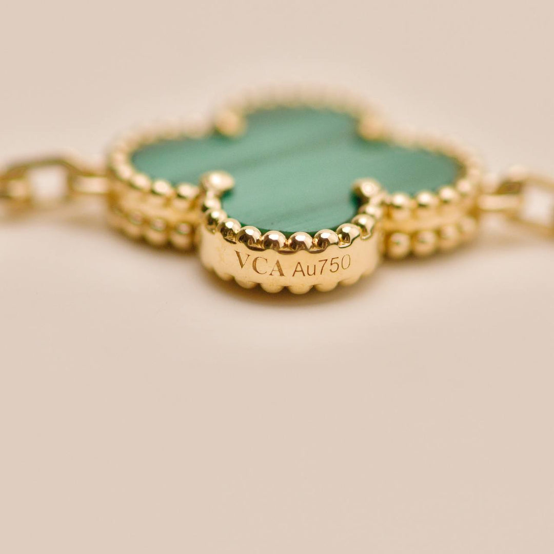 Second Hand Authentic VCA Vintage Alhambra 5 Motif Malachite Bracelet 18K Yellow Gold