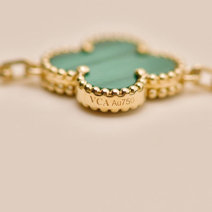 Second Hand Authentic VCA Vintage Alhambra 5 Motif Malachite Bracelet 18K Yellow Gold